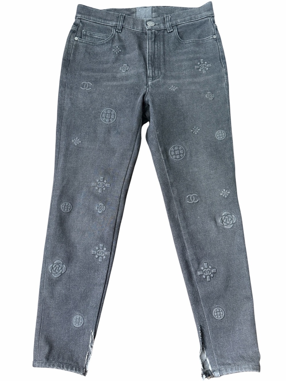 CHANEL Black Denim Distressed CC Imprinted Jeans Women’s Size 4 Made In Italy